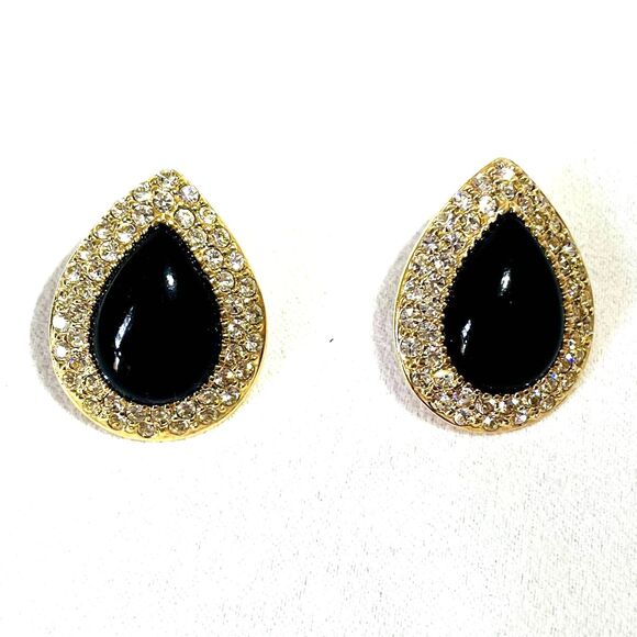 VTG Signed Roman Black Stone Clear Crystal Rhinestone Teardrop Earrings Gold T. - Picture 3 of 8